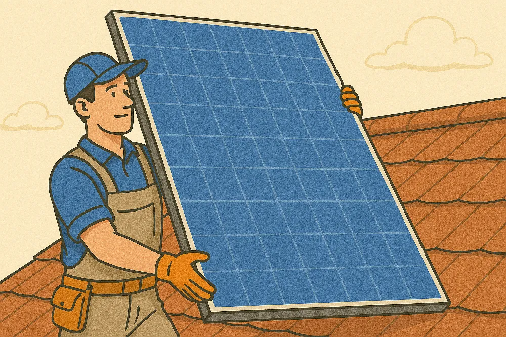 Solar technician carrying a solar panel to a roof top